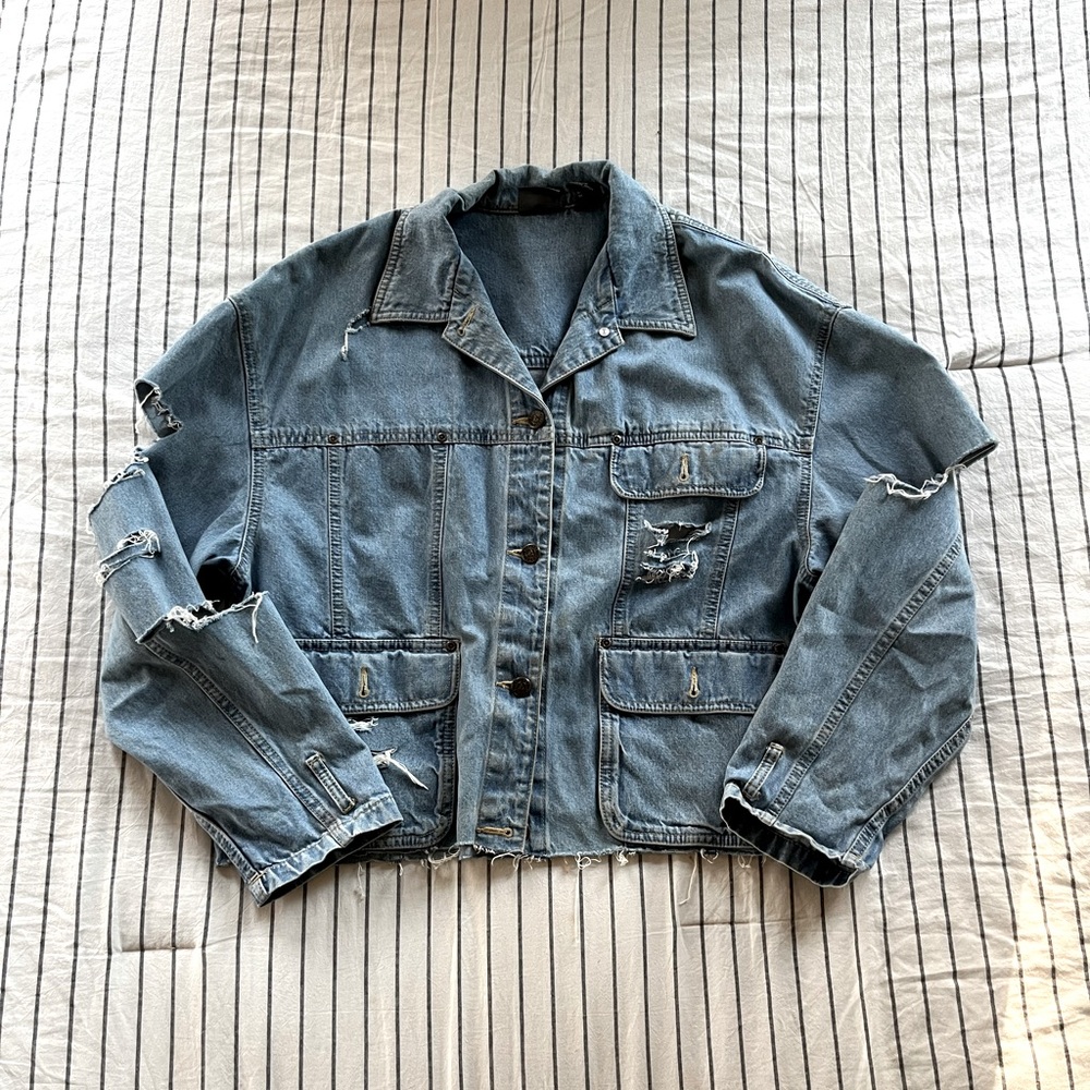 Distressed Oversized Medium Wash Denim Jacket